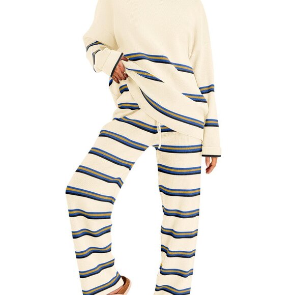 Striped Knit Sweater Set Oversized Loungewear Two Piece Comfortable Chic